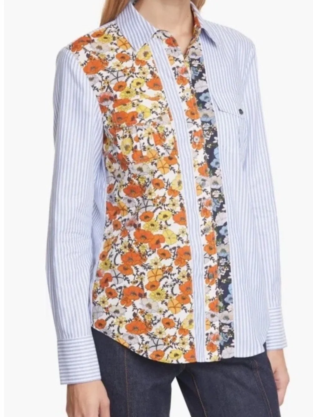 Tory Burch Blue Stripe and Orange Floral Patchwork Button-Down Shirt